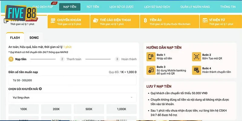 Giới thiệu các hình thức nạp tiền Five88 thông dụng